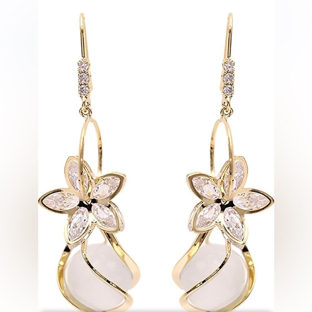 Sterling Silver Zirconia Cat Eye Zircon Bow Opal Ball Flower Earrings